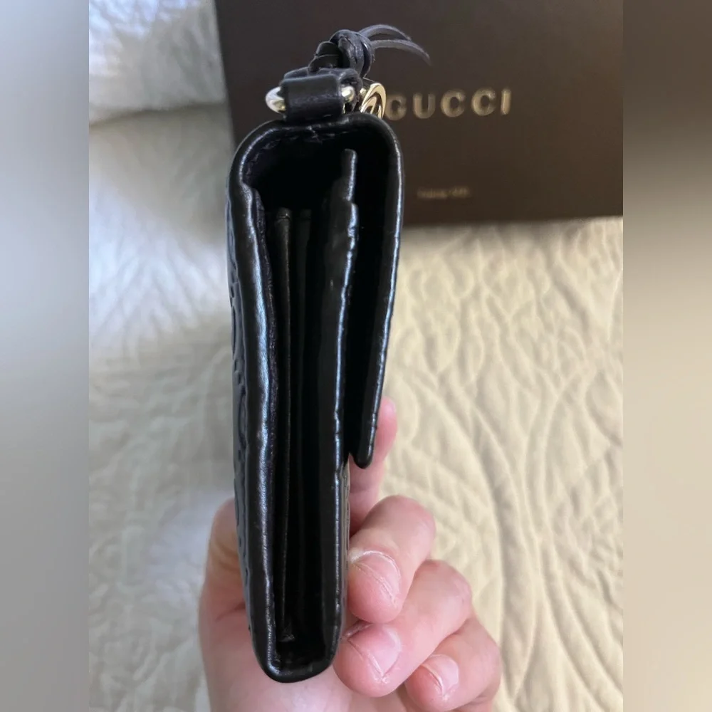 GUCCI Micro Guccissima GG Pattern Long Bifold Wallet Leather Black Gold